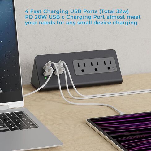 محطة شحن منضدة مع PD 20 وات USB C، شريط طاقة بحافة منضدة مع 3 منافذ تيار متردد، 4 منافذ USB للشحن السريع، توصيل قابس مسطح بطول 6.56 قدم، حامي عرام المكتب لفندق المكتب المنزلي، أسود in Kuwait
