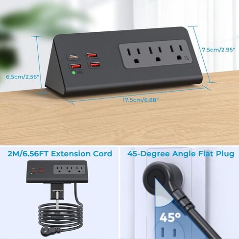 محطة شحن منضدة مع PD 20 وات USB C، شريط طاقة بحافة منضدة مع 3 منافذ تيار متردد، 4 منافذ USB للشحن السريع، توصيل قابس مسطح بطول 6.56 قدم، حامي عرام المكتب لفندق المكتب المنزلي، أسود in Kuwait