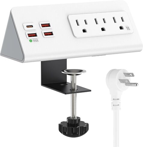 محطة شحن منضدة مع PD 20 وات USB C، شريط طاقة بحافة منضدة مع 3 منافذ تيار متردد، 4 منافذ USB للشحن السريع، توصيل قابس مسطح بطول 6.56 قدم، حامي عرام المكتب لفندق المكتب المنزلي، أسود in Kuwait