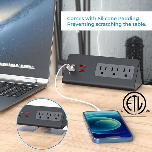 محطة شحن منضدة مع PD 20 وات USB C، شريط طاقة بحافة منضدة مع 3 منافذ تيار متردد، 4 منافذ USB للشحن السريع، توصيل قابس مسطح بطول 6.56 قدم، حامي عرام المكتب لفندق المكتب المنزلي، أسود in Kuwait