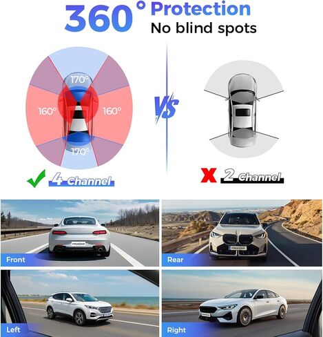 4K 4-Channel Dash Cam with 24H Parking Mode, 360° All-Sides View, Front Rear Left Right Inside, 3" IPS Display, GPS, 5.8GHz WiFi, Night Vision, Voice Control, 128GB Card & Hardwire Kit in Kuwait