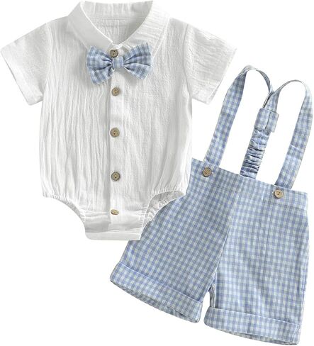 Newborn Baby Boy Gentleman Outfit Summer Short Sleeve Button Up Bowtie Dress Shirt Romper Plaid Suspender Shorts Set in Saudi Arabia