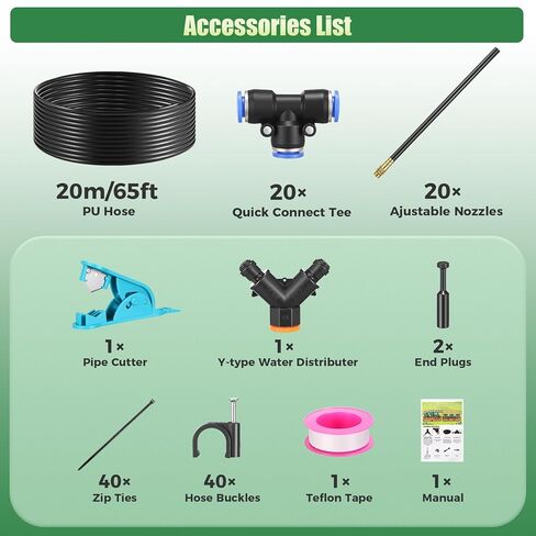 Yizhet Garden Irrigation System, 20m/65ft PU Hose Irrigation System with Mist Function Pure Copper Universal Head, Mist Cooling and Watering Set for Garden, Greenhouse, Terrace, Balcony in Kuwait