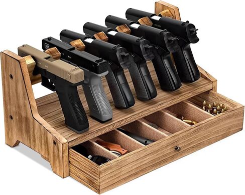 رف مسدس خشبي مع درج تخزين إضافي - منظم آمن للخزائن وطاولات النوم - يناسب معظم المسدسات، هدية رائعة لأصحاب الأسلحة in Kuwait