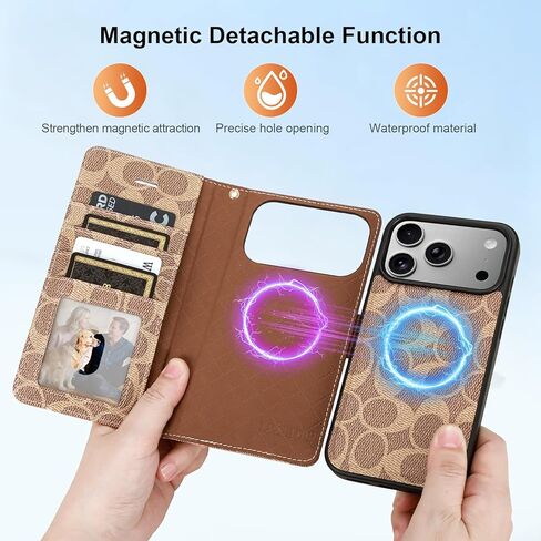 Magnetic Detachable Wallet Case for iPhone 17 Pro Max, Luxury PU Leather with Card Slots, Kickstand, Wrist Strap, MagSafe Compatible, 6.9-Inch Khaki in Saudi Arabia