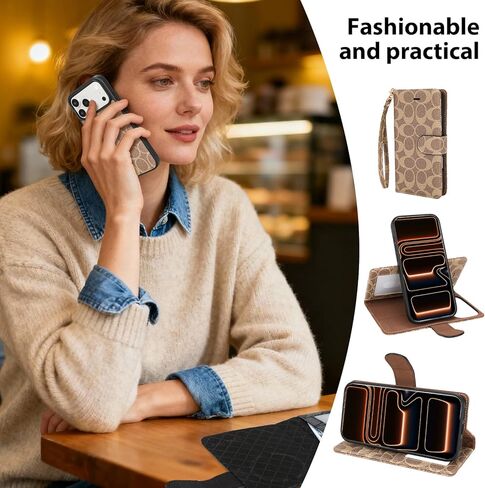 Magnetic Detachable Wallet Case for iPhone 17 Pro Max, Luxury PU Leather with Card Slots, Kickstand, Wrist Strap, MagSafe Compatible, 6.9-Inch Khaki in Saudi Arabia