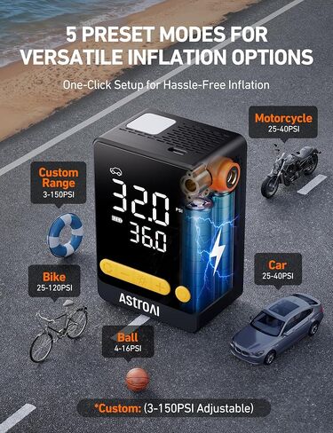 منفاخ إطارات صغير من AstroAI L10، ضاغط هواء محمول، مضخة هواء 150 رطل لكل بوصة مربعة لإطارات السيارات مع مقياس الضغط الرقمي، مضخة إطارات الدراجة مع ضوء LED، منفاخ إطارات محمول للسيارات والدراجات والدراجات النارية والكرات in Saudi Arabia