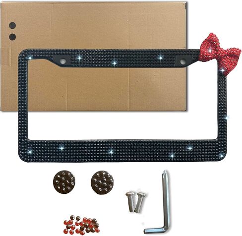 إطار لوحة ترخيص للسيدات من Bow Bling، من الفولاذ المقاوم للصدأ، حجر الراين، مقاس عالمي، 12 × 6 بوصات (أسود + قوس أحمر) in Kuwait