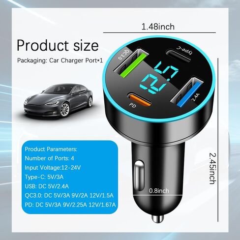 4 منافذ شحن سريع ولاعة السجائر شاحن USB مع الفولتميتر، 12-24 فولت منفذ شاحن سيارة سريع QC3.0/Type-C/PD/2.4A، شاحن USB 12 فولت محول USB ولاعة السيارة متوافق مع iPhone in Kuwait