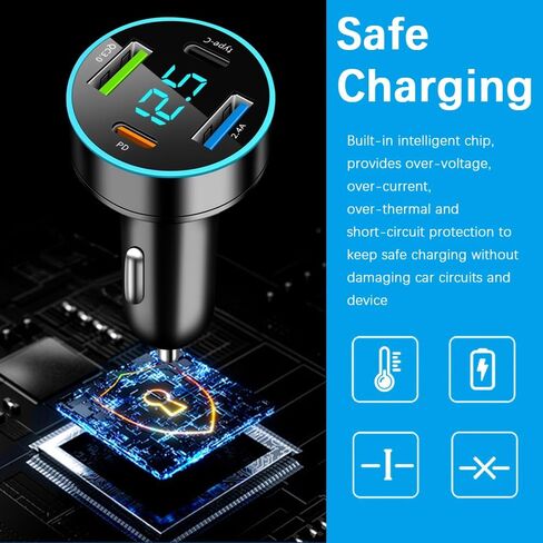 4 منافذ شحن سريع ولاعة السجائر شاحن USB مع الفولتميتر، 12-24 فولت منفذ شاحن سيارة سريع QC3.0/Type-C/PD/2.4A، شاحن USB 12 فولت محول USB ولاعة السيارة متوافق مع iPhone in Kuwait
