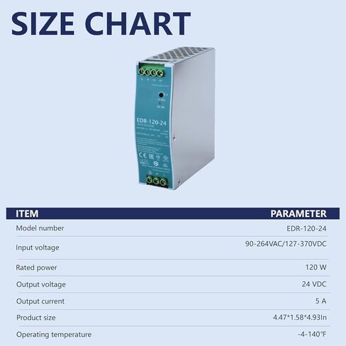 DYSGLOBAL EDR-120-24 مصدر طاقة AC-DC بقدرة 120 واط مع مخرج 24 فولت وتيار 5 أمبير، ومدخل عالمي 90-264 فولت تيار متردد، وتصميم مضغوط لأنظمة التحكم الصناعية، وأتمتة المصانع، ومعدات أشباه الموصلات in Saudi Arabia