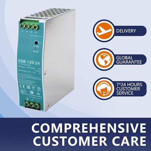 DYSGLOBAL EDR-120-24 مصدر طاقة AC-DC بقدرة 120 واط مع مخرج 24 فولت وتيار 5 أمبير، ومدخل عالمي 90-264 فولت تيار متردد، وتصميم مضغوط لأنظمة التحكم الصناعية، وأتمتة المصانع، ومعدات أشباه الموصلات in Saudi Arabia