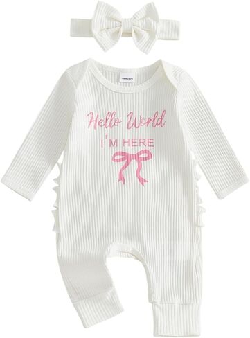 Honganda Newborn Baby Girl Coming Home Outfit Hello World I'm Here Jumpsuit Long Sleeve Ruffle Knit Romper with Headband in Saudi Arabia