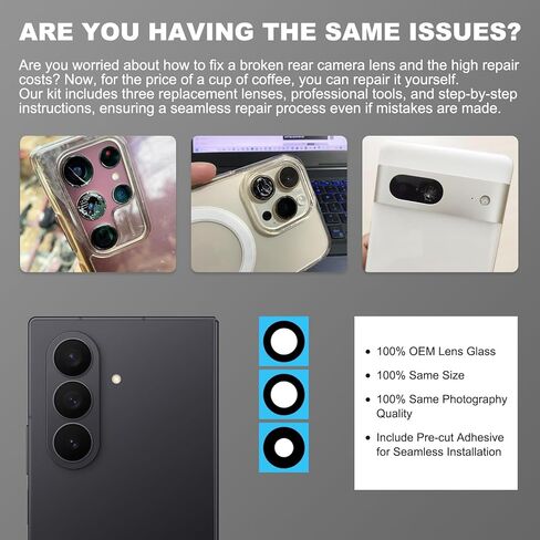3-Pack Rear Camera Lens Glass Replacement Kit Compatible with Galaxy Z Fold 7, with Pre-Cut Tape + Repair Tools + Instruction Manual in Saudi Arabia