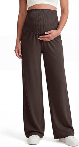OUGES Womens Lyocell Cotton Maternity Pants Over Belly Smocked Waist Stretchy Casual Wide Leg Palazzo Pants with Pockets in Saudi Arabia
