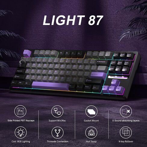 لوحة مفاتيح ميكانيكية Camiysn x MageGee Light 87 Gasket، تخطيط 80% 87 مفتاحًا لوحة مفاتيح ألعاب لاسلكية قابلة للتبديل السريع مع 5 طبقات ممتصة للصوت، أغطية مفاتيح PBT مطبوعة جانبية 2.4 جيجا هرتز/USB-C/BT5.0، RGB in Kuwait