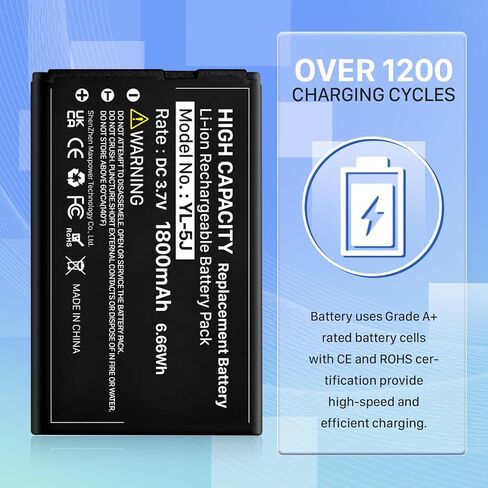 YL-5J Battery, 1800mAh High Capacity Battery Replacement for Yealink W56HB W59R W56h/p W59VR W76p W60P W77P W79P W56-BATT One Talk IP DECT 3.7V, 1-Pack in Kuwait