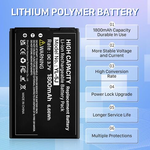 YL-5J Battery, 1800mAh High Capacity Battery Replacement for Yealink W56HB W59R W56h/p W59VR W76p W60P W77P W79P W56-BATT One Talk IP DECT 3.7V, 1-Pack in Kuwait