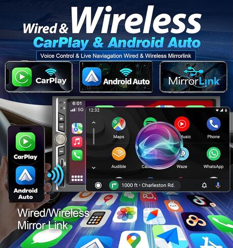 ستيريو سيارة مزدوج Din مقاس 7 بوصات IPS مع شاشة Apple CarPlay اللاسلكية وشاشة Android التلقائية، صوت راديو تشغيل السيارة، 240 وات، بلوتوث، كاميرا احتياطية AHD، شحن سريع USB-C، 16 نطاق EQ، SWC، شاشة لمس MirrorLink in Kuwait