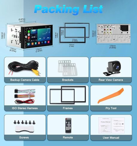 ستيريو سيارة مزدوج Din مقاس 7 بوصات IPS مع شاشة Apple CarPlay اللاسلكية وشاشة Android التلقائية، صوت راديو تشغيل السيارة، 240 وات، بلوتوث، كاميرا احتياطية AHD، شحن سريع USB-C، 16 نطاق EQ، SWC، شاشة لمس MirrorLink in Kuwait