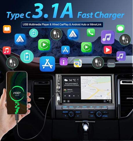 ستيريو سيارة مزدوج Din مقاس 7 بوصات IPS مع شاشة Apple CarPlay اللاسلكية وشاشة Android التلقائية، صوت راديو تشغيل السيارة، 240 وات، بلوتوث، كاميرا احتياطية AHD، شحن سريع USB-C، 16 نطاق EQ، SWC، شاشة لمس MirrorLink in Kuwait