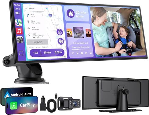 شاشة تشغيل السيارة لـ Apple CarPlay وAndroid Auto مع كاميرا احتياطية 1080P، شاشة ذكية IPS HD مقاس 10.25 بوصة مع OTA، وصلة مرآة، بلوتوث 5.2، التحكم الصوتي، تشغيل الموسيقى، ملاحة GPS، FM in Kuwait