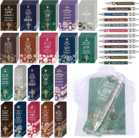 Yeaqee 200 Pcs Bible Gifts Set Include 50 Bible Verses Bookmarks Christian Book Markers 50 Scripture Ballpoint Pens 50 Christian Notebooks 50 White Organza Bags for Women Men School Office Church in Saudi Arabia