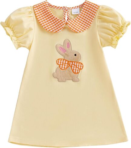 Toddler Baby Girl Easter Outfit Bunny Embroidery Plaid Doll Collar Puff Short Sleeve A Line Dress Clothes Summer in Saudi Arabia