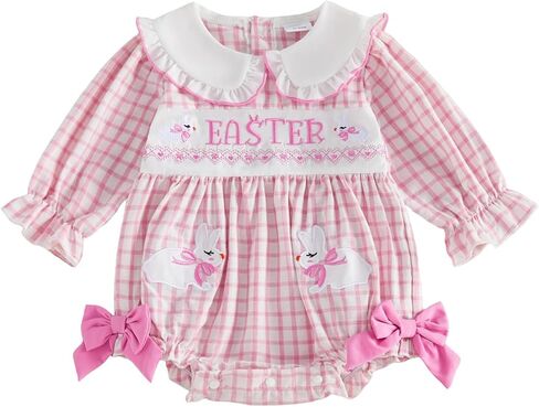 Newborn Baby Girl Easter Outfit Bunny Bubble Romper Long Sleeve Onesie Jumpsuit Smocked Baby Clothes Spring Bodysuit in Saudi Arabia