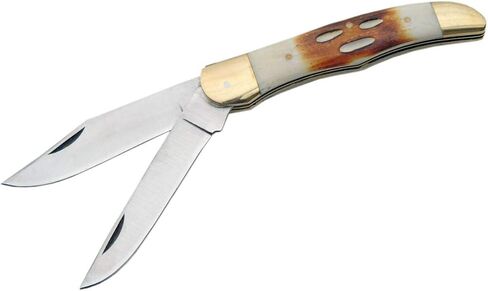 سكين SZCO مقاس 5 بوصات قابل للطي من Copperhead Bone Hunter - شفرات مزدوجة من الفولاذ المقاوم للصدأ مع مقبض عظم مصقول وغمد جلدي - سكين جيب تقليدي للصيد والتخييم والحمل اليومي in Kuwait