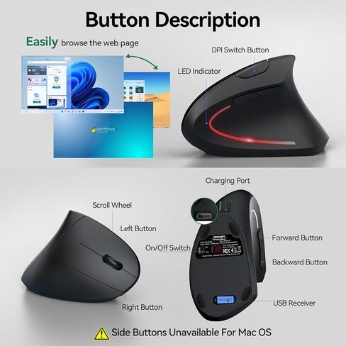 TECKNET Ergonomic Mouse, Rechargeable Vertical Ergo Mouse Wireless 800-4800 Levels 5 Adjustable DPI, Silent 2.4GHz Optical Carpal Tunnel Mouse for Right Hand, USB Wireless Mice for Laptop, PC in Saudi Arabia