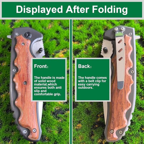 سكين DOOM BLADE 9.7 بوصة قابل للطي بجيب من الفولاذ المقاوم للصدأ مع مشبك جيب، قاطع حزام الأمان، قاطع زجاج، مقبض خشبي للرجال والنساء للأماكن الخارجية والتكتيكية والبقاء على قيد الحياة وEDC in Kuwait