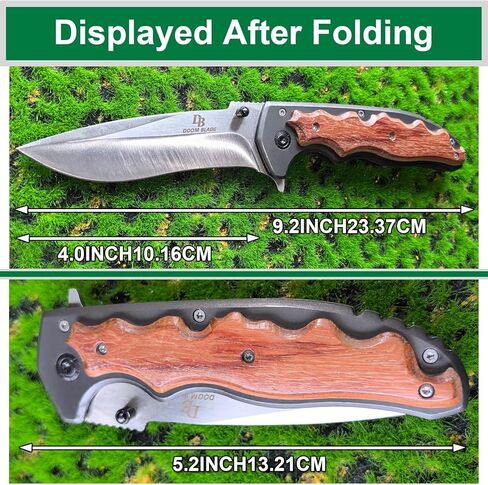 سكين DOOM BLADE 9.7 بوصة قابل للطي بجيب من الفولاذ المقاوم للصدأ مع مشبك جيب، قاطع حزام الأمان، قاطع زجاج، مقبض خشبي للرجال والنساء للأماكن الخارجية والتكتيكية والبقاء على قيد الحياة وEDC in Kuwait