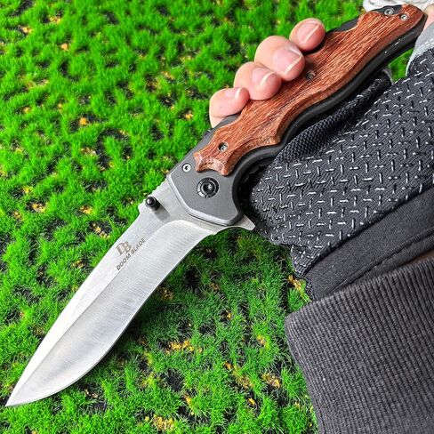 سكين DOOM BLADE 9.7 بوصة قابل للطي بجيب من الفولاذ المقاوم للصدأ مع مشبك جيب، قاطع حزام الأمان، قاطع زجاج، مقبض خشبي للرجال والنساء للأماكن الخارجية والتكتيكية والبقاء على قيد الحياة وEDC in Kuwait