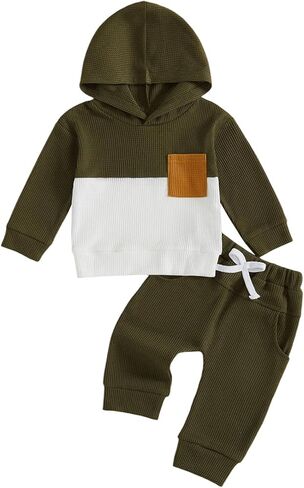 Toddler Baby Boy Hoodies Fall Clothes Waffle Contrast Color Sweatshirt Pant Set Infant Clothes 6 12 18 Months 2T 3T in Saudi Arabia