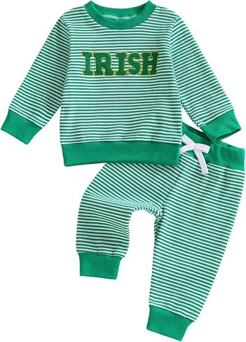 Toddler Baby Boy St Patricks Day Outfit Irish Lucky Charm Embroidery Stripe Waffle Knit Sweatshirt + Pants Set in Saudi Arabia