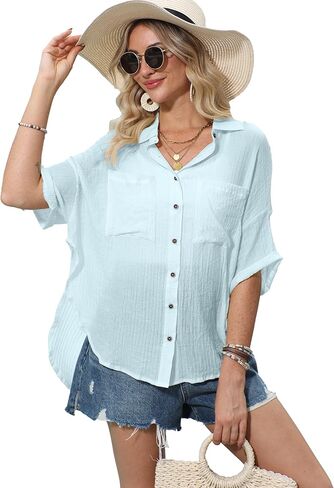 Womens Beach Cover Up Button Up Swimsuit Coverup Short Sleeve Bathing Suit Linen Vacation Shirts in Saudi Arabia