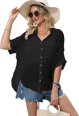Womens Beach Cover Up Button Up Swimsuit Coverup Short Sleeve Bathing Suit Linen Vacation Shirts in Saudi Arabia