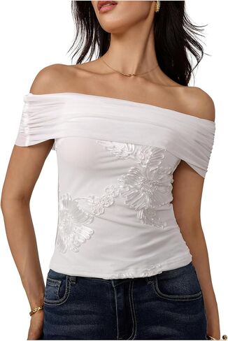 SweatyRocks Women's Off The Shoulder Mesh Blouse Floral Applique Short Sleeve Crop Tops in Saudi Arabia