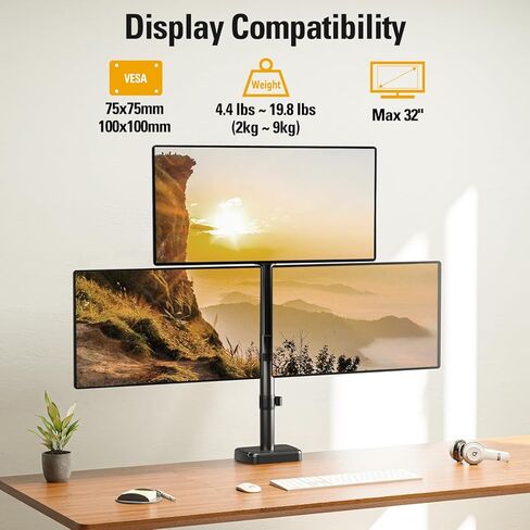 Triple Monitor Mount Fits Max 32 Inch Computer Screen, 3 Monitor Desk Mount Holds Up to 19.8lbs, Heavy Duty Gas Spring Arm, 75x75/100x100 Vesa Mount with C-Clamp/Grommet Base in Saudi Arabia