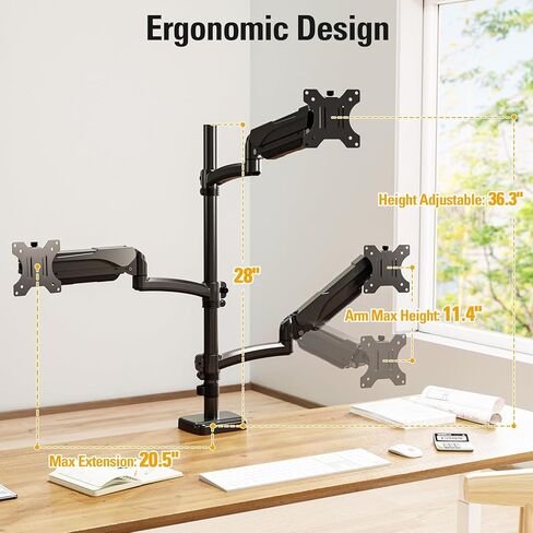 Triple Monitor Mount Fits Max 32 Inch Computer Screen, 3 Monitor Desk Mount Holds Up to 19.8lbs, Heavy Duty Gas Spring Arm, 75x75/100x100 Vesa Mount with C-Clamp/Grommet Base in Saudi Arabia