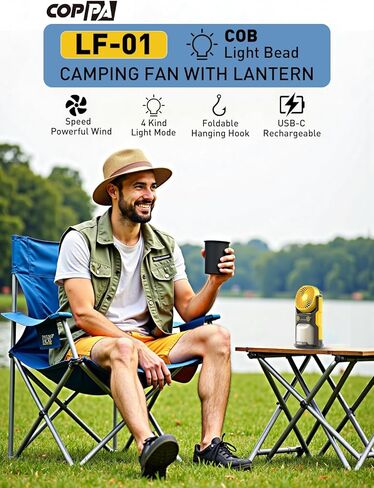 COPPA Camping Fan LED Lantern, LF-01 Portable Camping Fan with Light USB Rechargeable 3 Powerful Speed 4 Light Mode Cordless Tent Fan Lights with Foldable Hook for Hiking Fishing Travel in Saudi Arabia