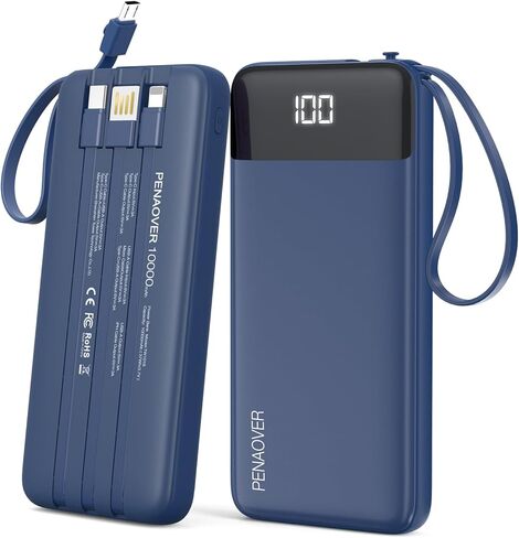 Portable Charger 10000mAh Power Bank with Built-in Cable, 5 Output 2 Input Travel Essential External Battery Pack with LED Display Compatible with iPhone 17/16/15/14 Samsung Android, etc in Kuwait