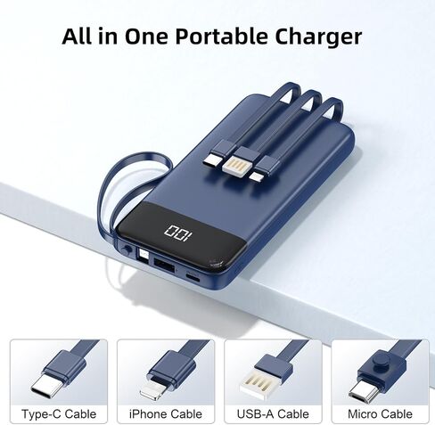 Portable Charger 10000mAh Power Bank with Built-in Cable, 5 Output 2 Input Travel Essential External Battery Pack with LED Display Compatible with iPhone 17/16/15/14 Samsung Android, etc in Kuwait
