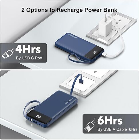 Portable Charger 10000mAh Power Bank with Built-in Cable, 5 Output 2 Input Travel Essential External Battery Pack with LED Display Compatible with iPhone 17/16/15/14 Samsung Android, etc in Kuwait