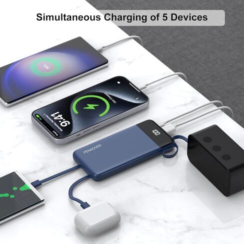 Portable Charger 10000mAh Power Bank with Built-in Cable, 5 Output 2 Input Travel Essential External Battery Pack with LED Display Compatible with iPhone 17/16/15/14 Samsung Android, etc in Kuwait