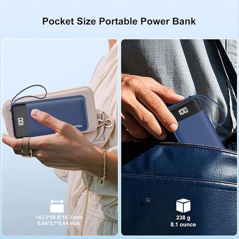 Portable Charger 10000mAh Power Bank with Built-in Cable, 5 Output 2 Input Travel Essential External Battery Pack with LED Display Compatible with iPhone 17/16/15/14 Samsung Android, etc in Kuwait