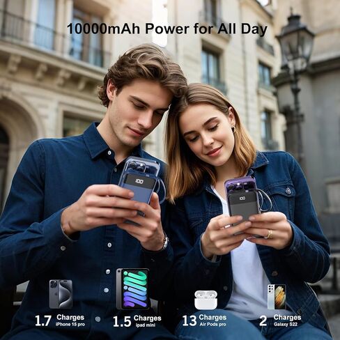Portable Charger 10000mAh Power Bank with Built-in Cable, 5 Output 2 Input Travel Essential External Battery Pack with LED Display Compatible with iPhone 17/16/15/14 Samsung Android, etc in Kuwait