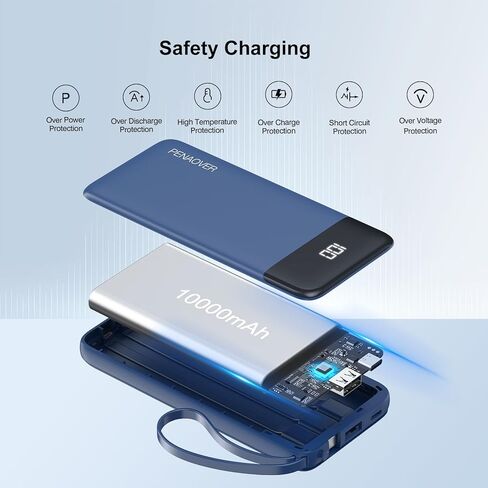 Portable Charger 10000mAh Power Bank with Built-in Cable, 5 Output 2 Input Travel Essential External Battery Pack with LED Display Compatible with iPhone 17/16/15/14 Samsung Android, etc in Kuwait