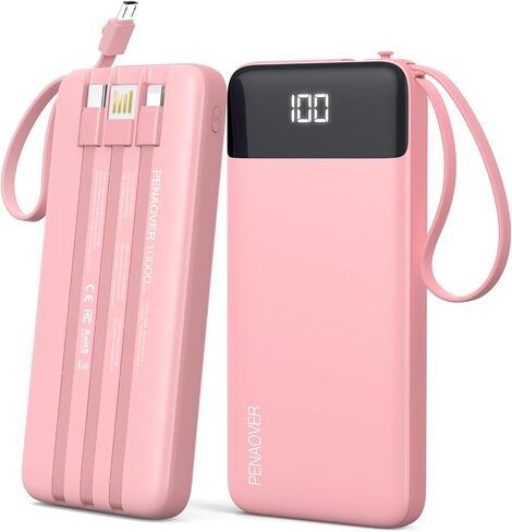 Portable Charger 10000mAh Power Bank with Built-in Cable, 5 Output 2 Input Travel Essential External Battery Pack with LED Display Compatible with iPhone 17/16/15/14 Samsung Android, etc in Kuwait
